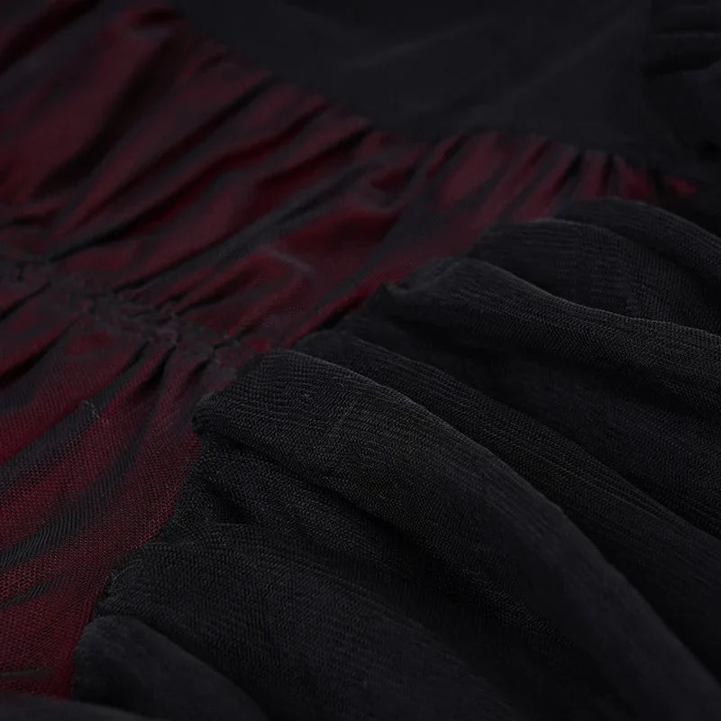 Gothic Black Bow Spaghetti Strap Dress Women Fashion Ruched V Neck Sleeveless Mesh Patchwork A Line Mini Dress Clubwear