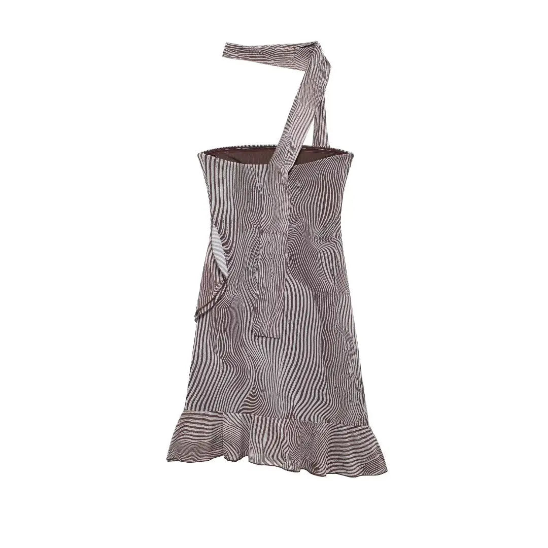Woman Sexy Backless Halter Neck Beach Party Mini Dress 2024 Women FashionWavy Pattern Print Ruffle Strapless Dress