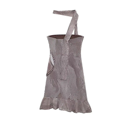 Woman Sexy Backless Halter Neck Beach Party Mini Dress 2024 Women FashionWavy Pattern Print Ruffle Strapless Dress