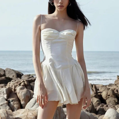 Spaghetti Strap Ruched Sweetheart Drop Waist Tiered Ruffle Mini Dress