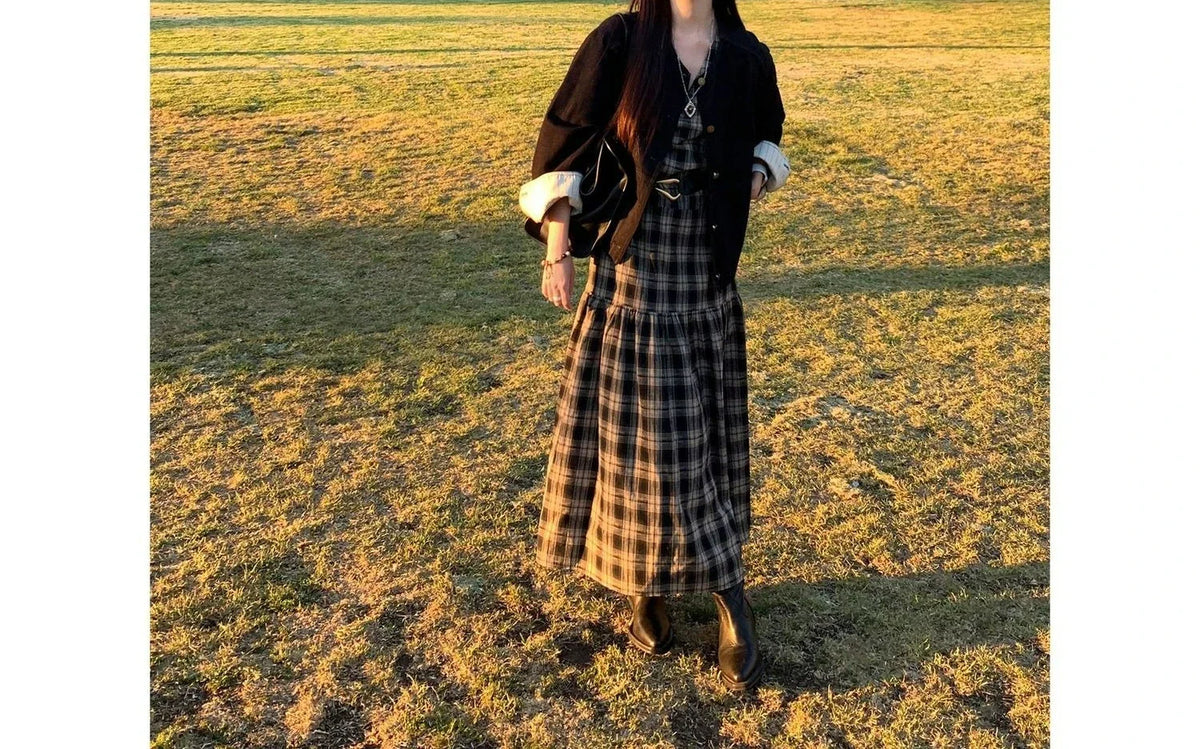 Vintage Ruched Design Plaid Loose Dress for Women New Autumn Layered Base Dress