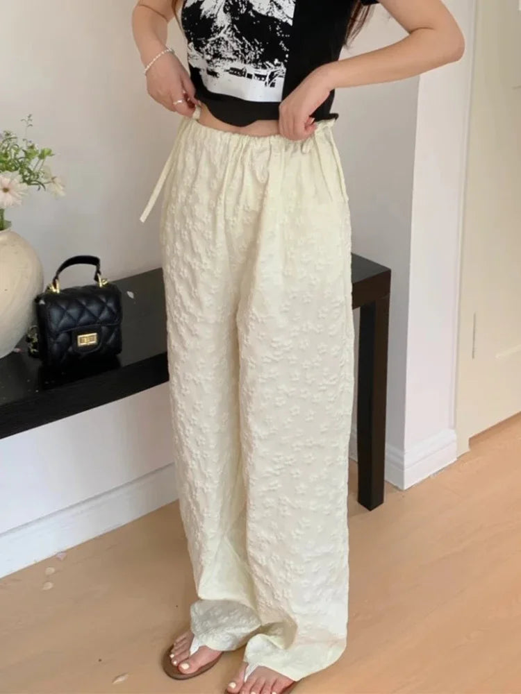 Casual South Korea Chic Spring Design Lace Up Bow High Waist Versatile Jacquard Casual Straight Pants Trousers Women