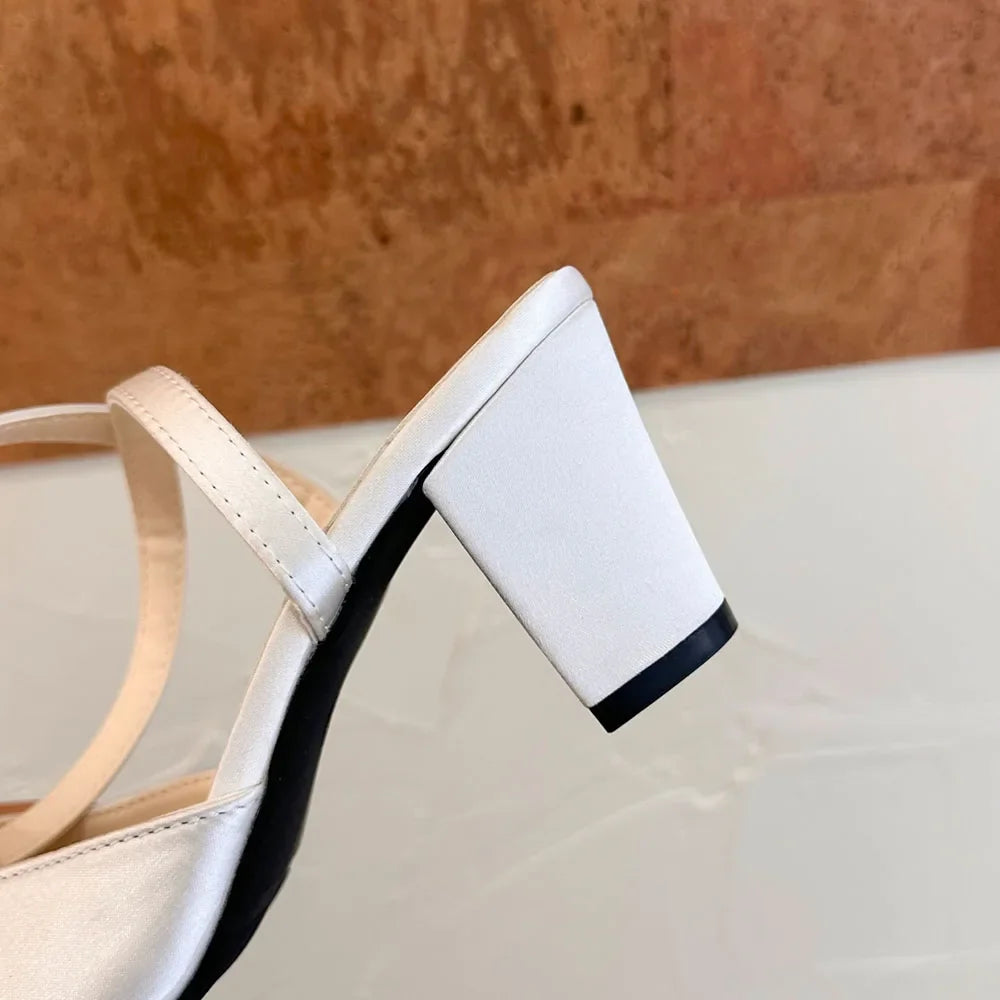 Women's Satin Round Toe Bowknot Block Heel Mary Janes Shoes Ankle Buckle Strap Slingback Pumps Wedding Party High Heels Shoes