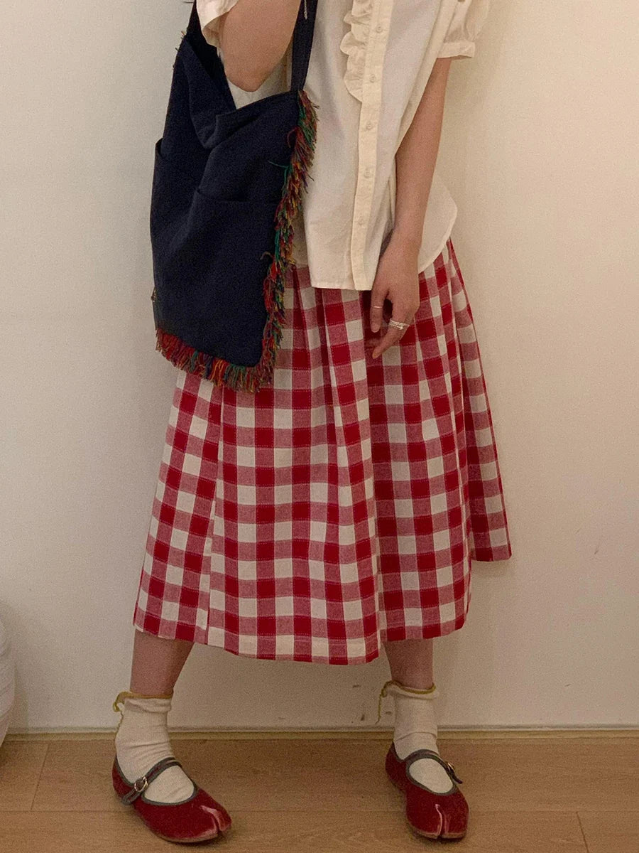 Women Tartan Oversize Casual Wide Pants Pockets Elastic Waist Plaid Cotton Linen Straight Baggy Jorts Summer Korean Clothes