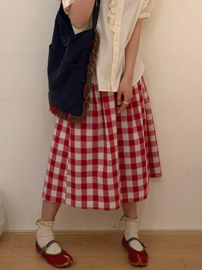 Women Tartan Oversize Casual Wide Pants Pockets Elastic Waist Plaid Cotton Linen Straight Baggy Jorts Summer Korean Clothes