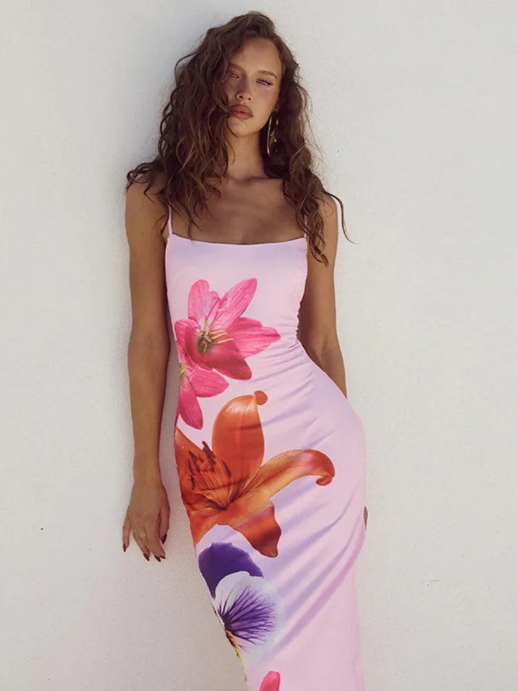 Large Lily Floral Print Spaghetti Strap Square Neck Bodycon Maxi Dress
