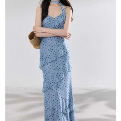French Commuter V-Neck Streamer Polka Dot Lotus Edge Suspender Dress Female Slim Mesh Printed Dress