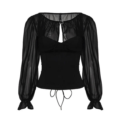 Mesh Patchwork Long Sleeve T-shirt Elegant Folds Milkmaid V-neck Top Sexy Corset Top French Style Skinny Clothing Fall