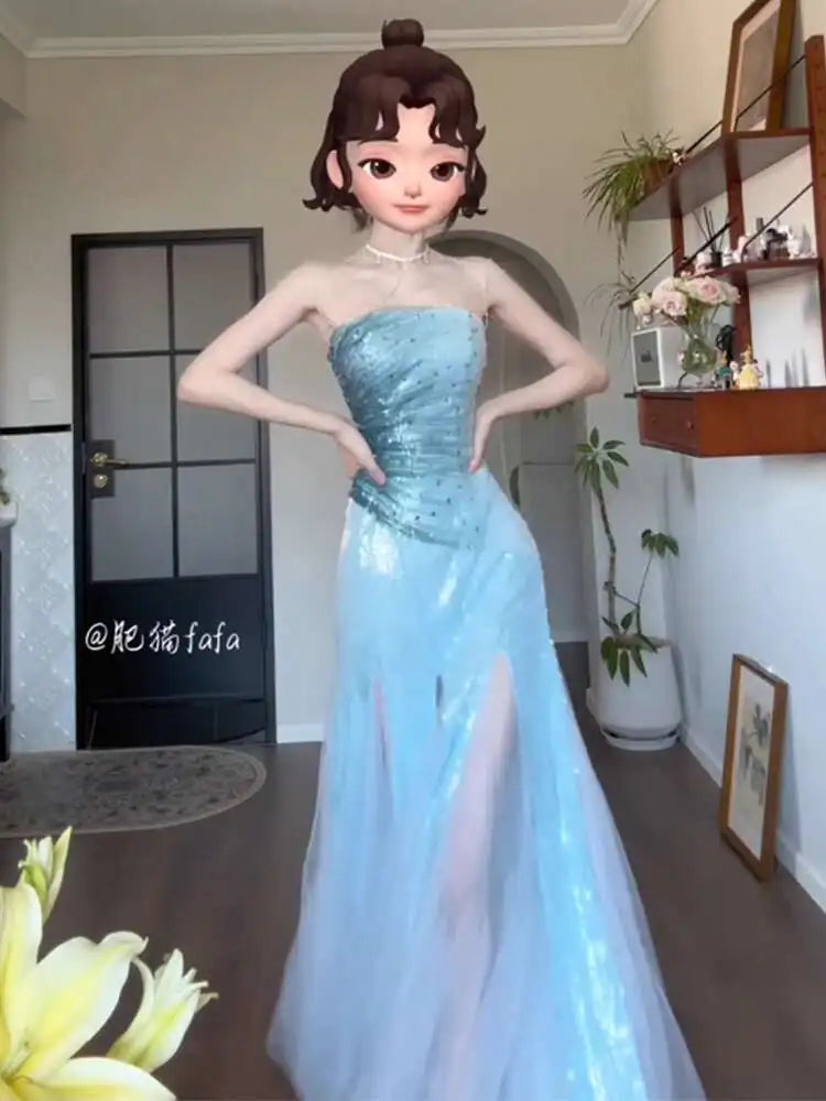 Strapless Evening Gown Light Luxury Dress Niche High-end Student Temperament Art Exam Adult Banquet Host Blue Fish Tail Dress