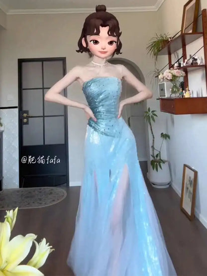 Strapless Evening Gown Light Luxury Dress Niche High-end Student Temperament Art Exam Adult Banquet Host Blue Fish Tail Dress