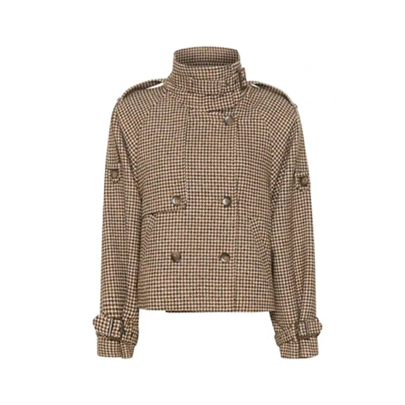 Elegant Lapel Checkered Coat Women Casual Buttons Double Breasted Long Sleeve Coats Female 2025 Autumn British Lady Jacket