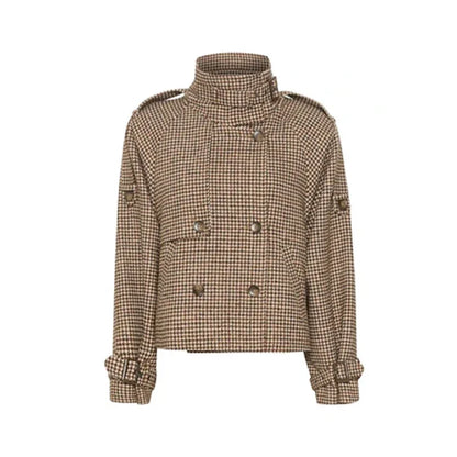 Elegant Lapel Checkered Coat Women Casual Buttons Double Breasted Long Sleeve Coats Female 2025 Autumn British Lady Jacket
