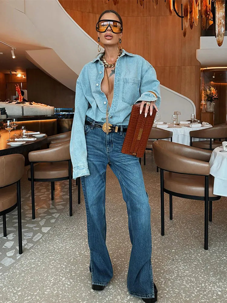Versatile Straight Side Split Denim Pants Women Casual Light Flared High Waist Long Jeans Female Spring Winter Chic Street Pant