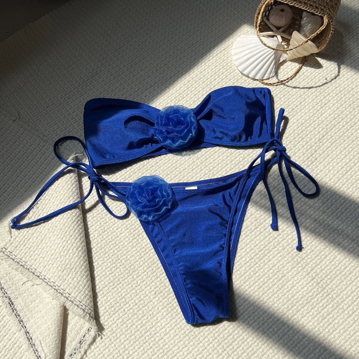 Summer Women Bikinis Strapless Brazilian Thong Biquini 3D Flower Solid Women Two Pieces Bathing Suit Swimsuit Beachwear