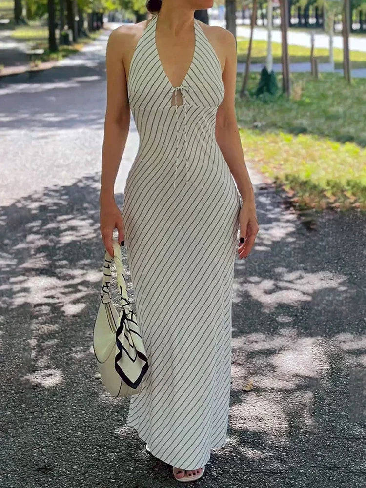 Strip V-neck Lace Up Backless Long Dress Summer Elegant Sleeveless High Waist Slim A-line Dress Beach Vacation Dress