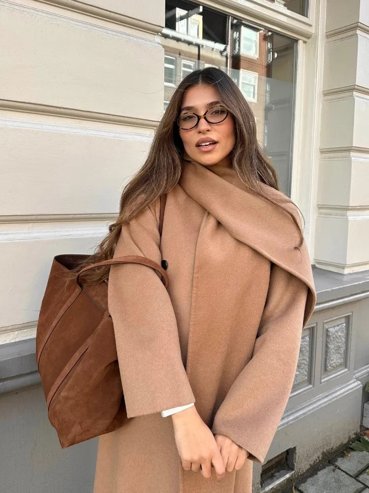 Women Elegant Brown Long Woolen Coats With Scarf Fashion Double Breasted Oversized Thicken Overcoats Lady Daily Streetwear