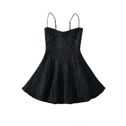 Vintage Jacquard Sling Sexy Dress For Women Thin Straps O Neck Low Waist A-line Mini Dresses Female Lace Up Back Summer Robe