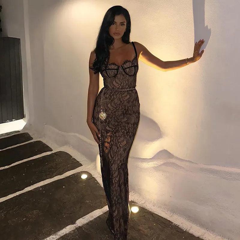 Sweetheart Neck Spaghetti Strap Lace Corset Chain Belt Maxi Dress