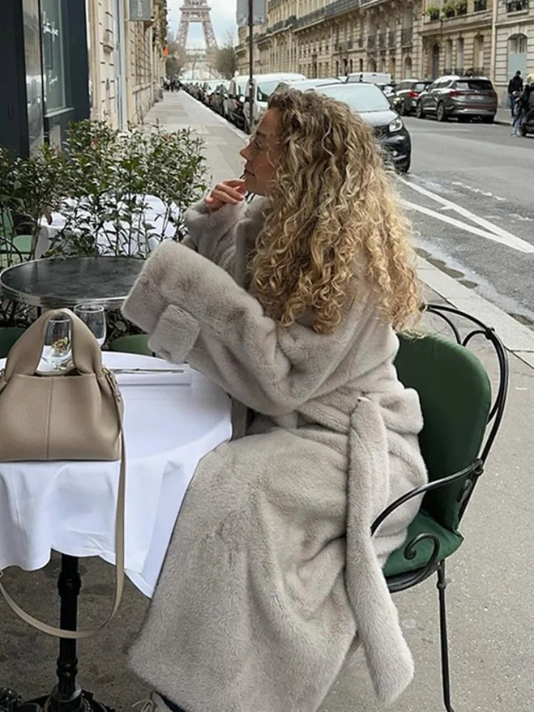 Elegant Thicken Warm Plush Faux Fur Long Coat Women Chic Single Breasted Lapel Overcoat With Belt New Lady Winter Fluffy Outwear