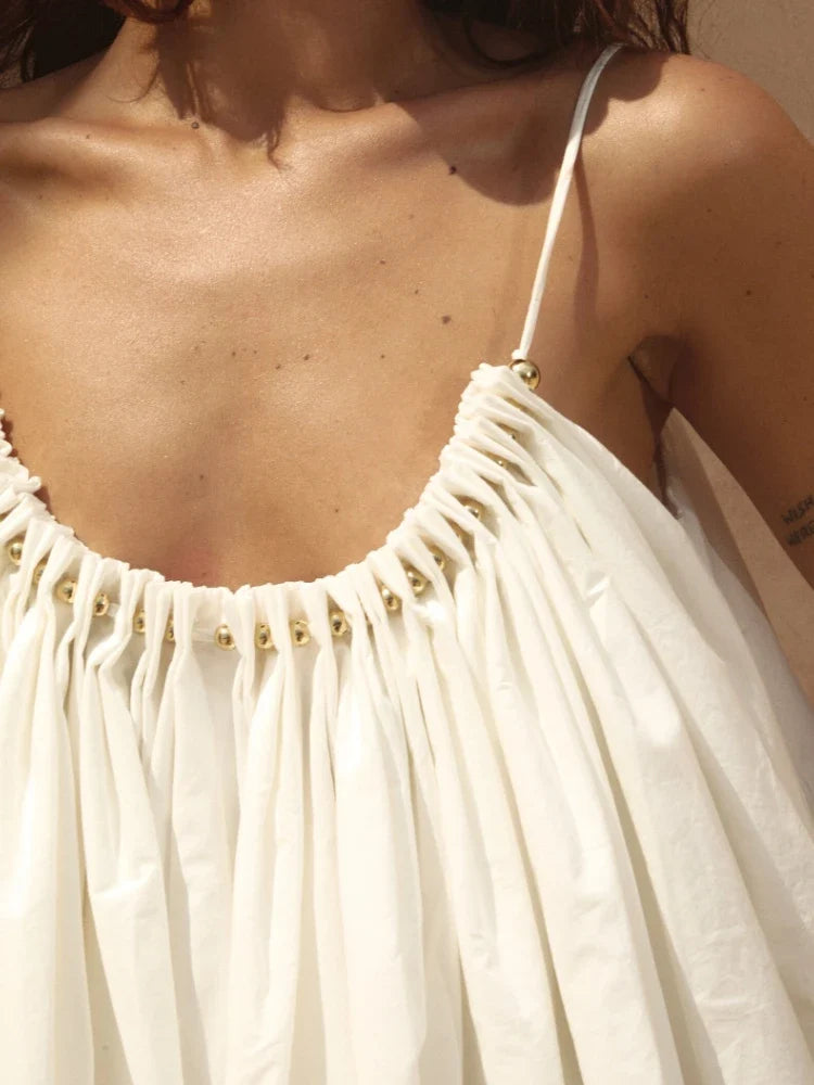 Summer White Spaghetti Strap Mini Dress Women Beaded Neckline Loose Flowy A-line Swing Dress Casual Vacation Beachwear