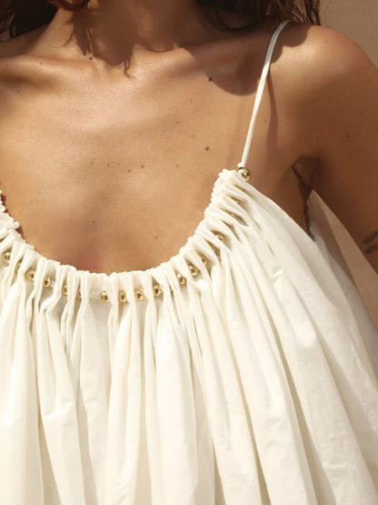 Summer White Spaghetti Strap Mini Dress Women Beaded Neckline Loose Flowy A-line Swing Dress Casual Vacation Beachwear