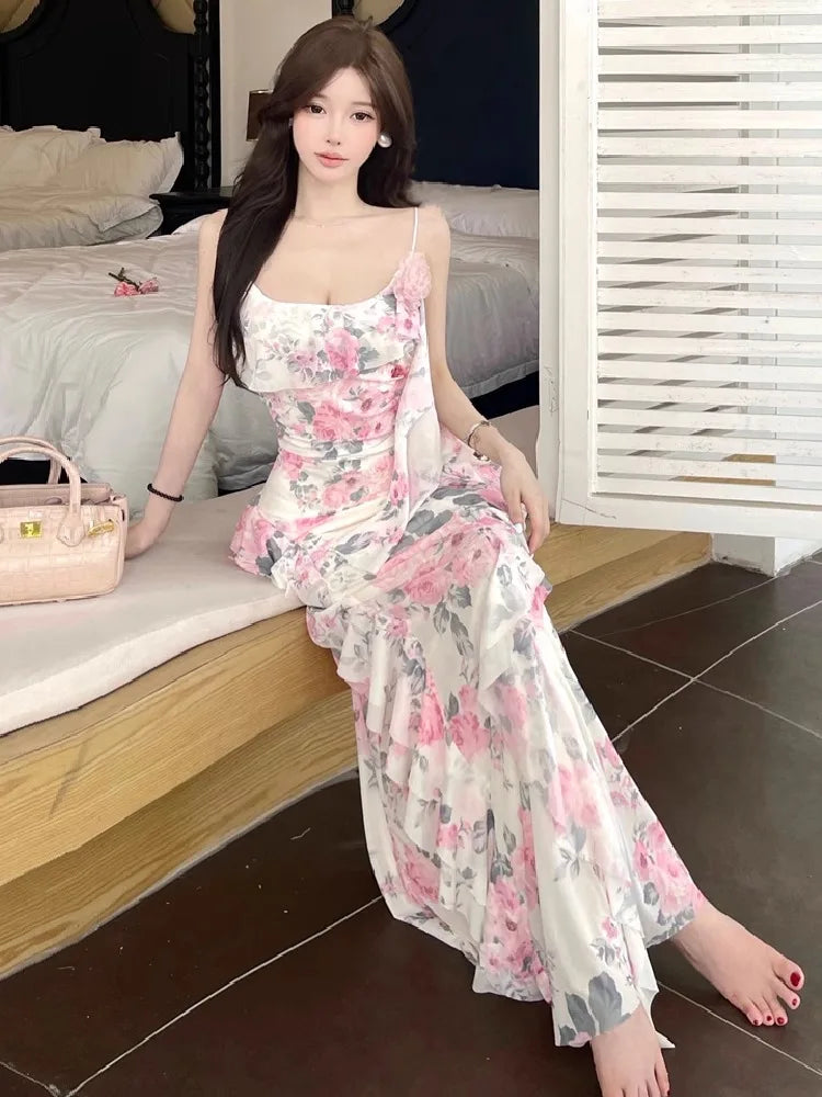 Women Dresses Sleeveless Slash Neck Gradient Floral Printed Mesh Patchwork Slim Vintage Elegant Party Dress Ladies