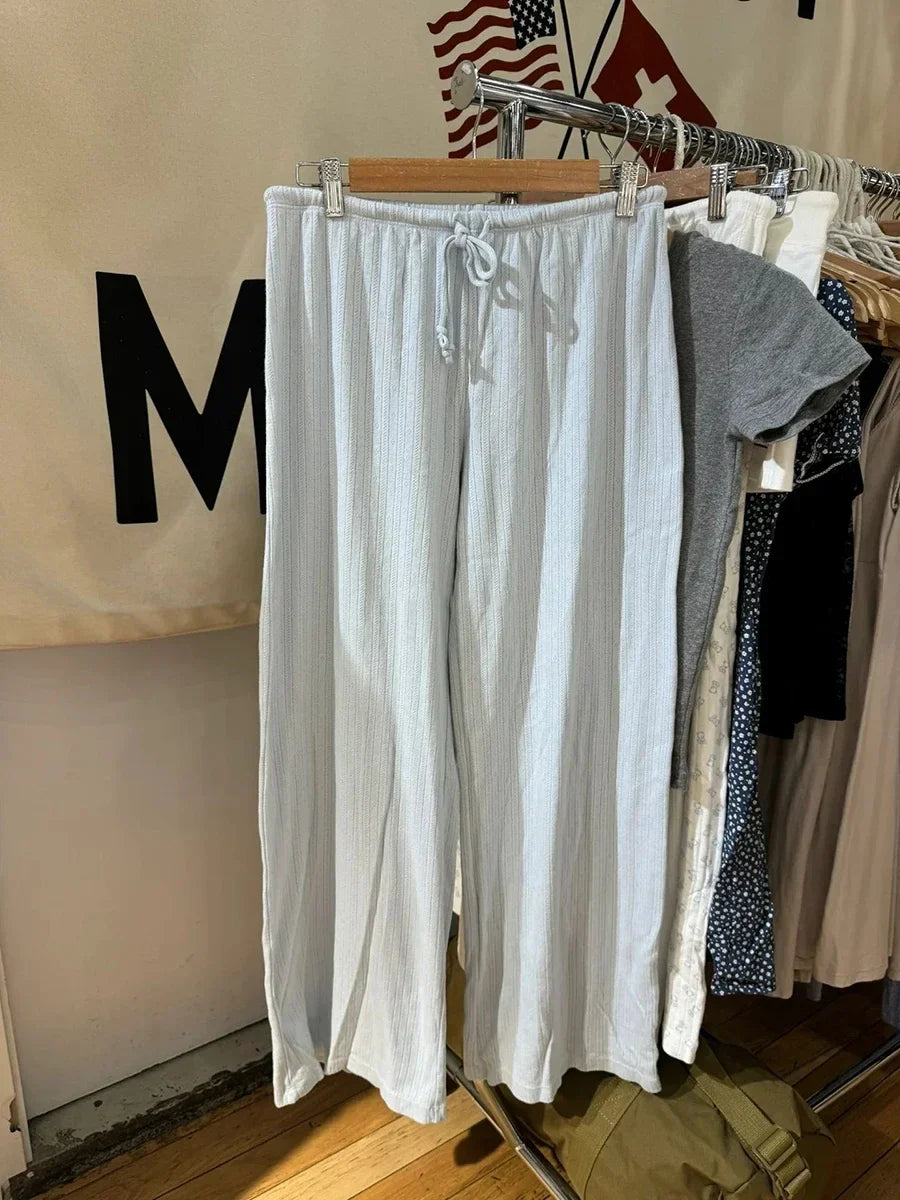 Vintage Eyelet Drawstring Straight Long Pants Women Autumn High Waist Cotton Solid Trousers Simple Sweet Home Pajama Pants Y2K