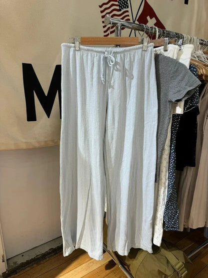Vintage Eyelet Drawstring Straight Long Pants Women Autumn High Waist Cotton Solid Trousers Simple Sweet Home Pajama Pants Y2K