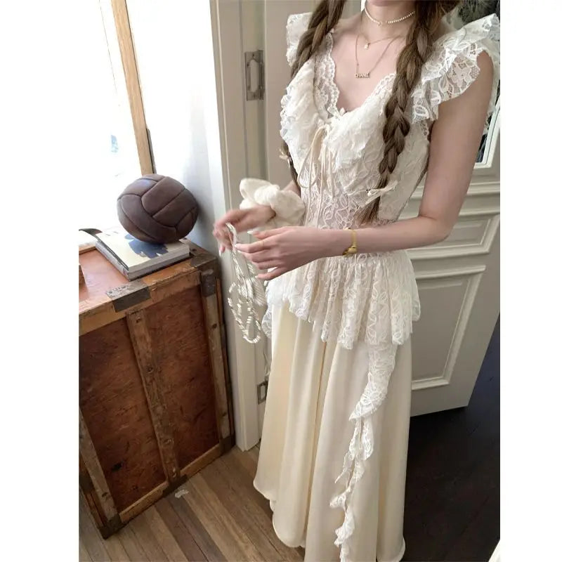 Summer New Vintage Design Off-Shoulder Dresses Elegant Lace Splice Fitted Hollow Out Strap Dress Evening Gown Women Outfits