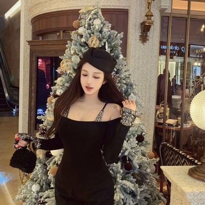 Spicy Girl Christmas Red Cinched Waist Top Patchwork Sequined One-shoulder Long-sleeved T-shirt for Women Autumn/Winter