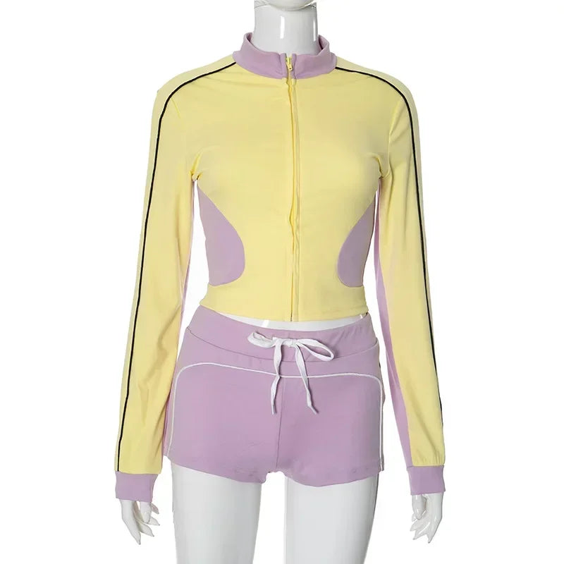 Casual Patchwork Women Two Piece Short Sets 2025 Spring Fashion Sporty Fitness Outfit Long Sleeve Cropped Jacket and Mini Shorts