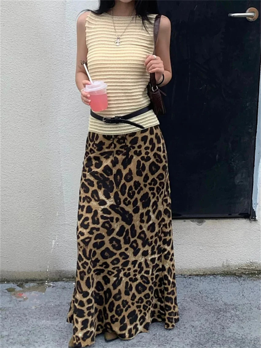 Retro Mopping Skirts Women Loose Slim New Leopard Chic Casual Elegant High Waist Office Lady Daily Streetwear