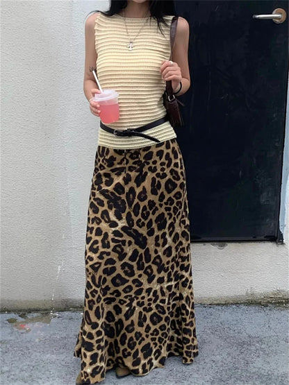 Retro Mopping Skirts Women Loose Slim New Leopard Chic Casual Elegant High Waist Office Lady Daily Streetwear