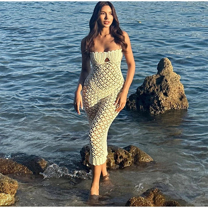 Sexy Crochet Hallow Out Long Dress Women Holiday Halter Lace Up Solid Slim Dresses Summer High Waist Bodycon Beach Robe