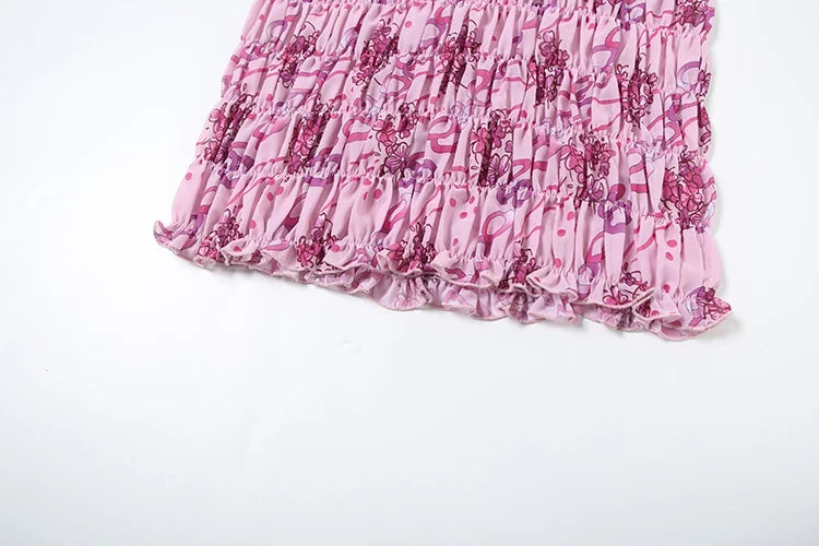 See Through Print Folds 2-Piece Set Women Backless Sleeveless Suspenders+Elasticated Waist Skirts Holiday Matching Suit