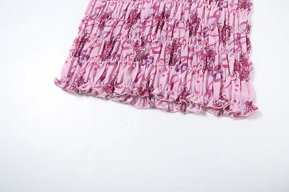 See Through Print Folds 2-Piece Set Women Backless Sleeveless Suspenders+Elasticated Waist Skirts Holiday Matching Suit