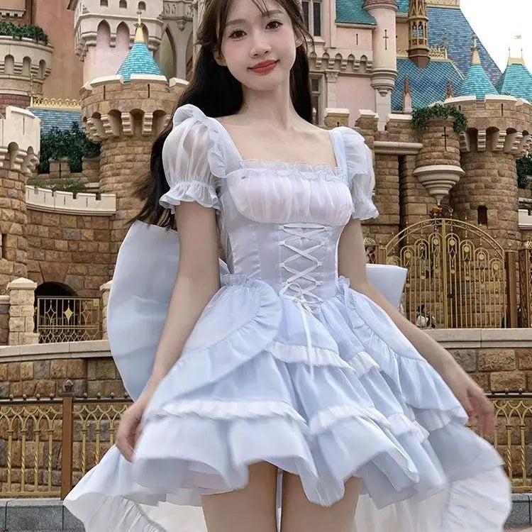 Japan Fashion White Mini Dresses Women French Stitching Wood Ears Lace Cross Lacing Up Short Sleeve Short Dress Holiday Clothin