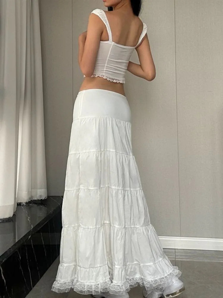 White Long Skirts High Waist Drawstring Casual Cake Skirt for Women Vintage Lace Patchwork Loose Folded Ladies Clothing