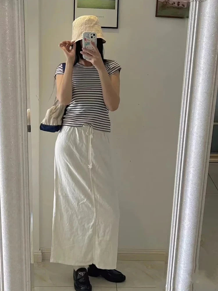 Casual Women Beige Skirts Summer Sweet High Waist Drawstring Skirts Solid Color Female Chic Bottoms