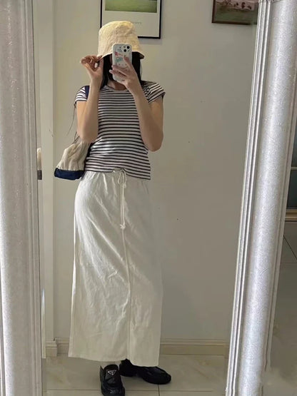 Casual Women Beige Skirts Summer Sweet High Waist Drawstring Skirts Solid Color Female Chic Bottoms