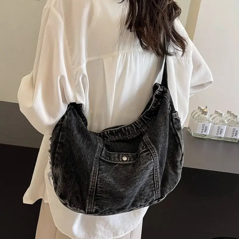 Single Shoulder Denim Women Bag Casual Korean Versatile Outdoor Crossbody Large Capacity Bags