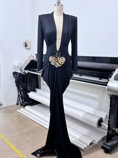 Deep V-Neck Padded Shoulder Butterfly Applique Draped Maxi Gown
