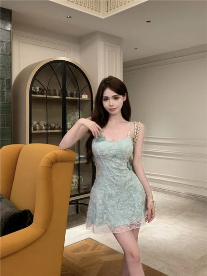 Mini Dresses Women Flowers Lace Patchwork Slim Slash Neck Backless Party Dress Female Sexy Elegant Holiday Casual