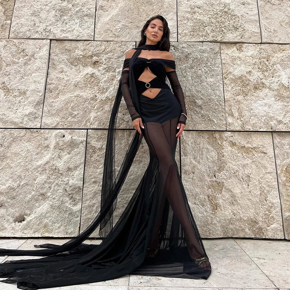 Off Shoulder Mesh Ring Buckle Cutout Hooded Cape Maxi Dress
