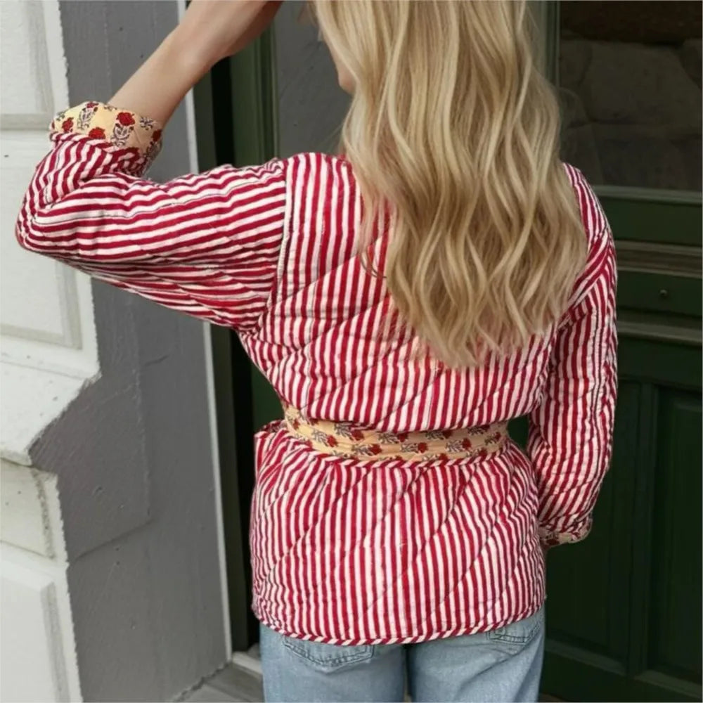 Autumn Winter Totem Flower Striped Print Tie Bow Sashes Quilted Reversible Coat Women Quilting Full Sleeve Loose Jacket