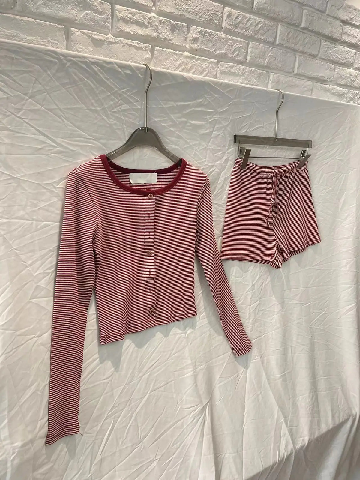Red Striped Y2k Vintage 2 Piece Set Women Buttons O Neck Crop Top Long Sleeve+Drawstring Shorts Sweet Fashion Slim Shorts Sets