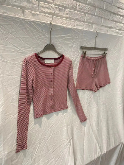 Red Striped Y2k Vintage 2 Piece Set Women Buttons O Neck Crop Top Long Sleeve+Drawstring Shorts Sweet Fashion Slim Shorts Sets