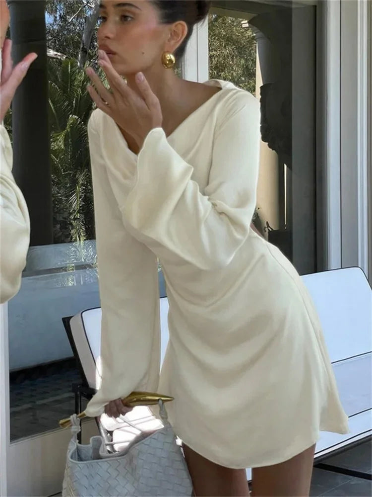 Cowl Neck Satin Long Sleeve Bell Cuff Bodycon Mini Dress