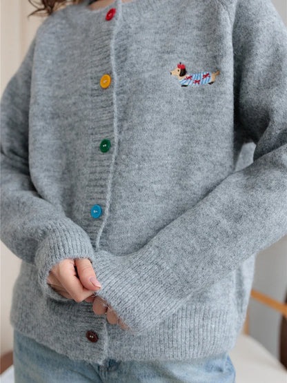 Little Dog Embroidery Cardigan Autumn O Neck Single Breasted Knitted Outerwear Women Simple Fashion Casual Long Sleeve Jumper