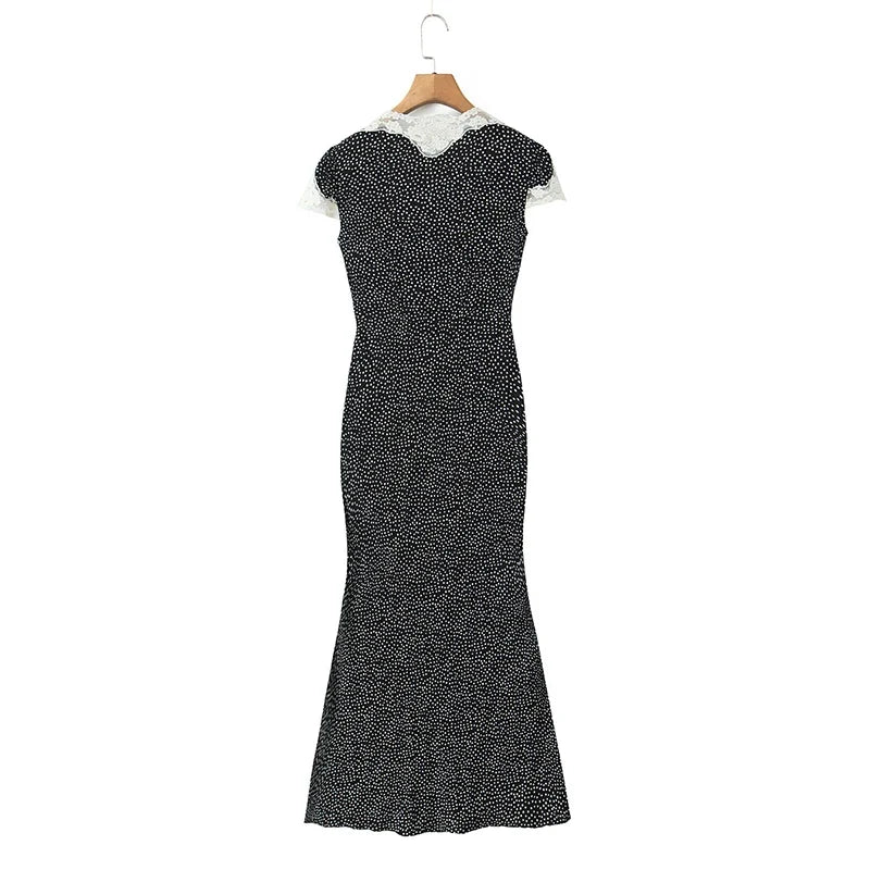 New 2026 Women Short Sleeve V Neck Elegant A-line Midi Summer Polka Dot Dresses Holiday Robe